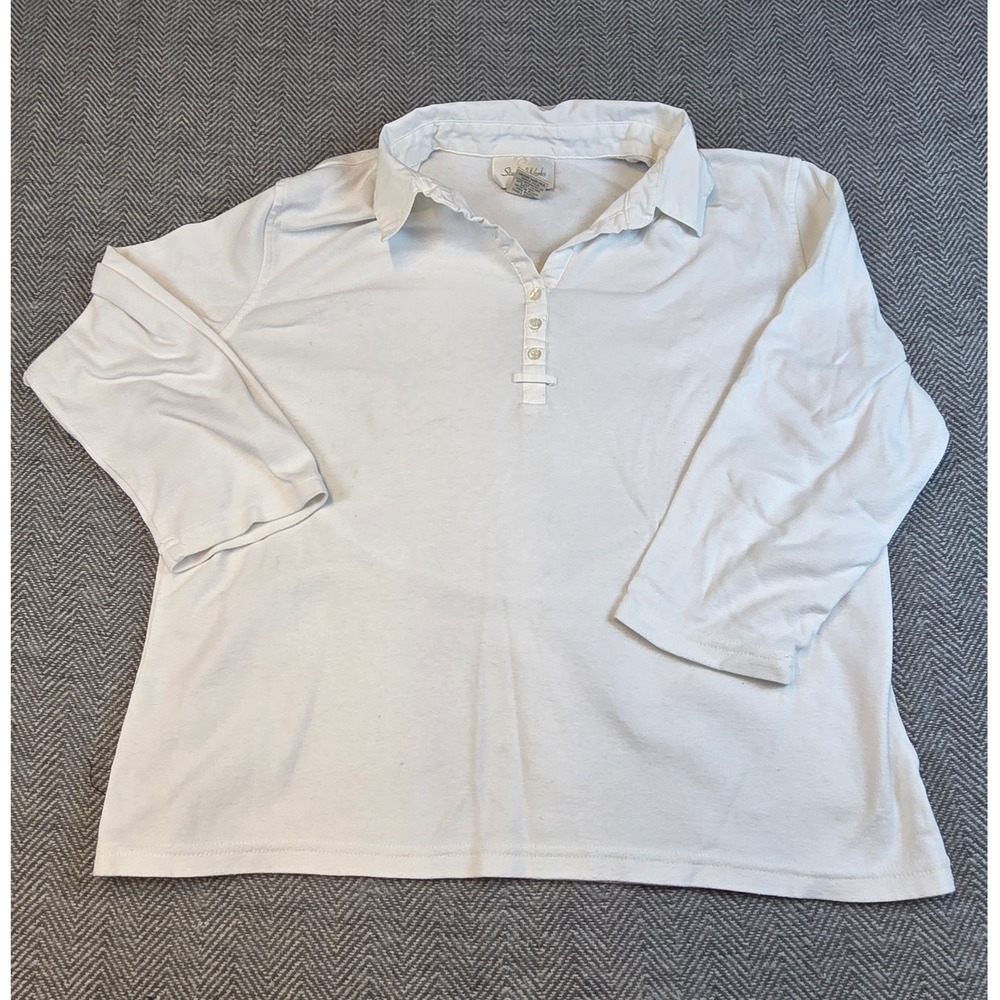 Studio Works Petite White 3/4 Sleeve Polo Shirt Cotton Blend PL